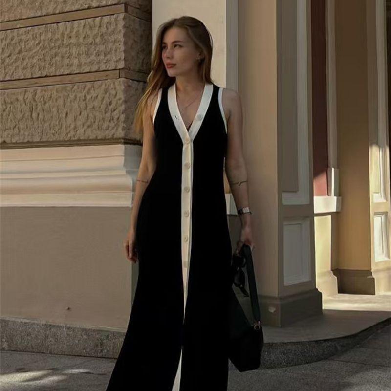 

Fashion Style Women s Clothing Fashion V Neck Sleeveless Single-Breasted Skirt Sexy Summer Dress Black S