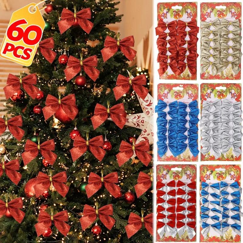Mini Christmas Bow Glitter Gold Silver Xmas Tree Bowknots Pendants DIY Gifts Wrapping Decors New Year Party Garland Ornaments
