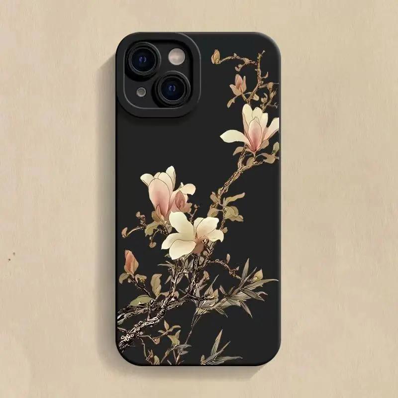 Flower and Bird Chinese Style TPU Soft Phone Case for iPhone 14 Pro Max 13 Mini 12 12Pro 11 XR X XS Max 15