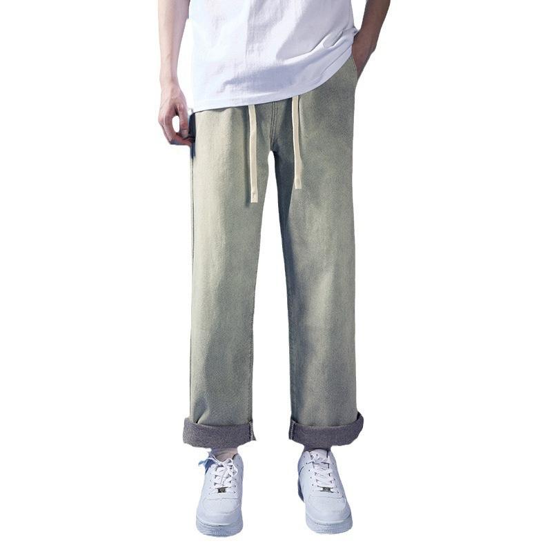 Wide-leg jeans men's summer Harajuku casual simple trend loose drawstring straight mopping long pants