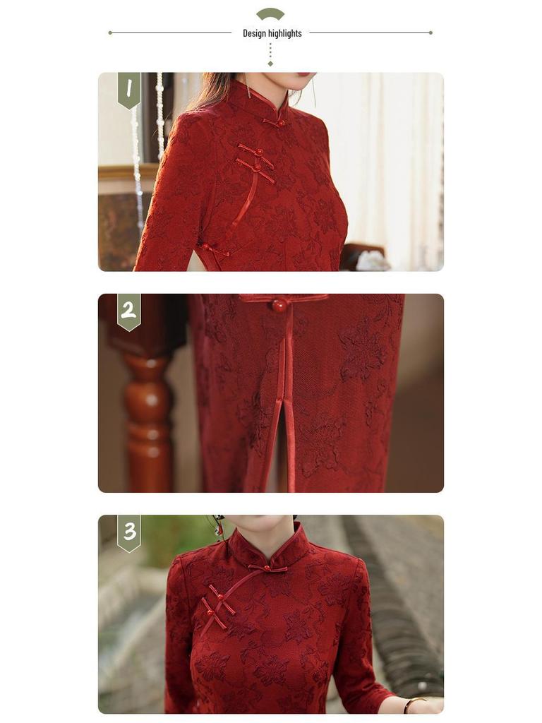 Autumn & Winter Rust Red Slim Fit High-Slit Cheongsam