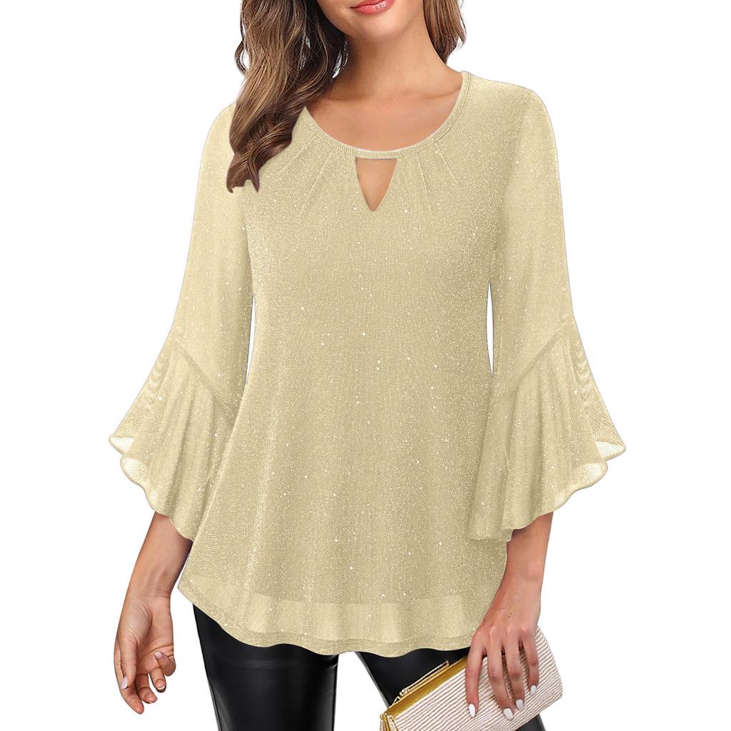 Damenmode Einfarbige Rundhals-Dreiviertelarm-Rüschensaum Glitzernder Folienaufdruck Oberteil Lässige Lockere Passform Bluse