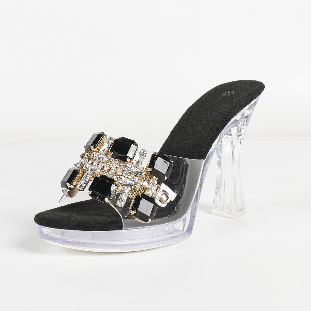Damen Sexy Strass-Stiletto-Slipper Kristall-Transparente Plateau-Absätze Sommer-Bankett-Party Damen-Schuhwerk LFD-198711-Q3
