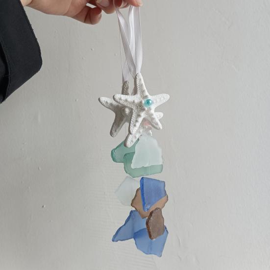 3Pcs Seaglass Hanging Decoration Handmade Bohemian Coastal Nautical Starfish Sea Glass Art Home Office Beach House Wall Ornament Pendant
