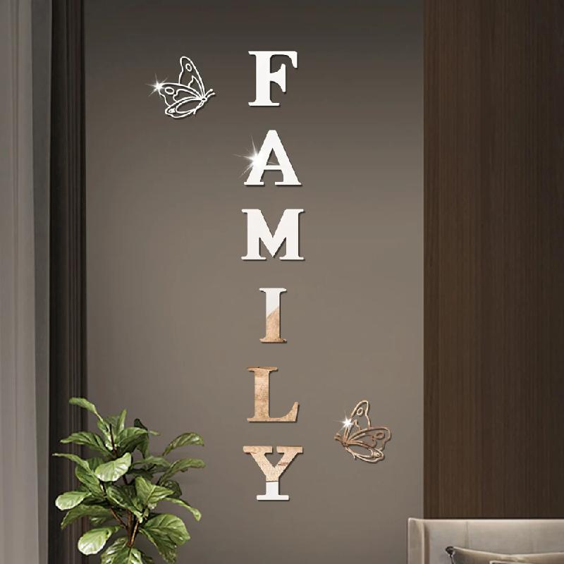 Two Butterflies English Letters Family 3D Mirror Wall Stickers Self-Adhesive DIY Acrylic Decals For Living Room Home Decoration