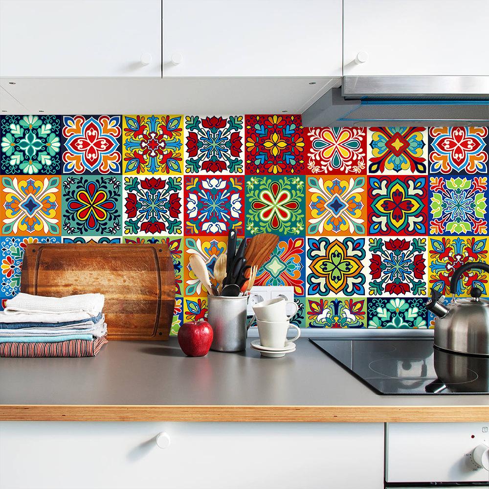 1Pc 10/15cm Colorful Flowers Pattern Retro Tiles Wall Sticker Kitchen Bathroom Tile Waist Line Wallpaper Art Mural