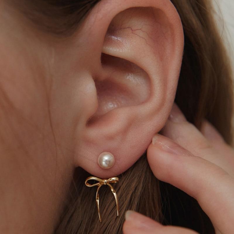 TATIANA (925 Silver) Pearl and Ribbon Tie Ear Jacket Earrings EC3077