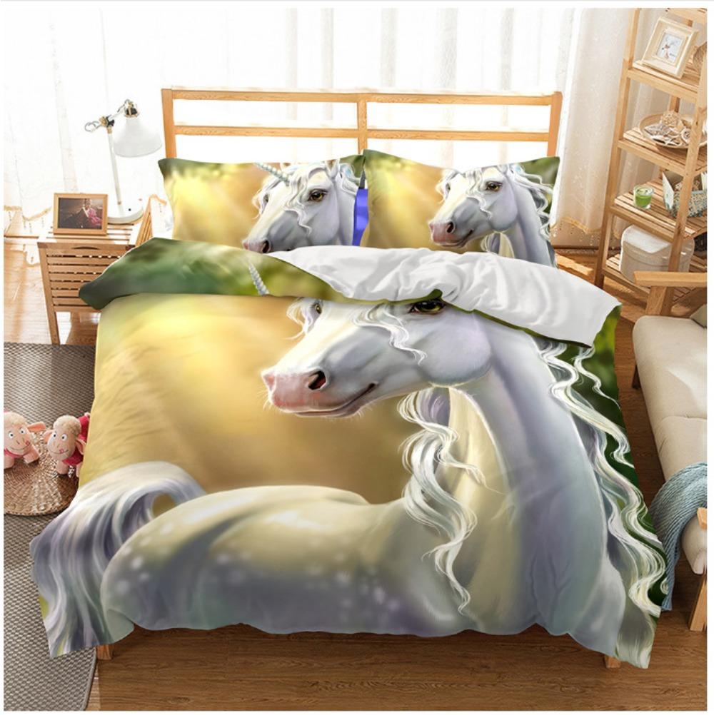 White Horse Print Bedding Set,Unicorn Pattern Duvet Cover Set with Zipper Pillowcase Gifts Multi Styles Customizable Size