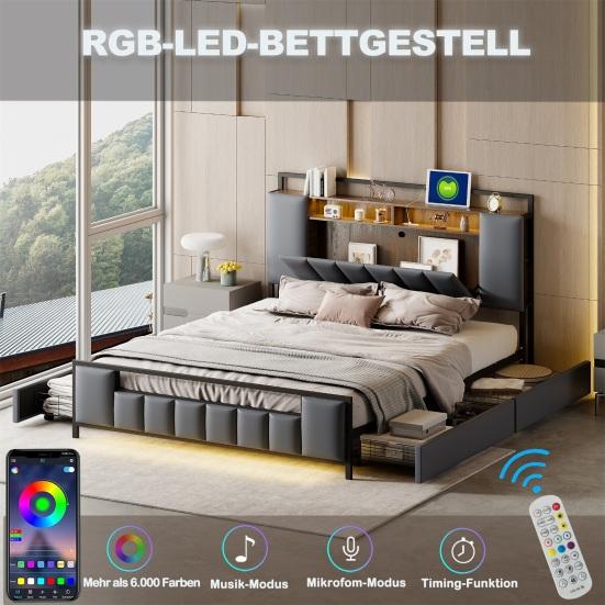 Upholstery Bed 160x200 Cm, Multifunctional Bed with LED Light, USB Socket, Drawers, Solid Iron Bed Frame, Youth Bed, Adult Bed, Double Bed, Synthetic