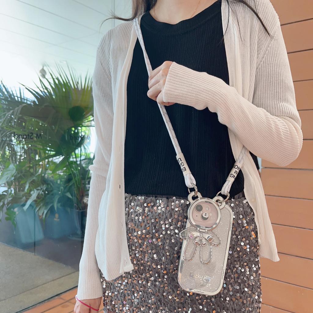 Cartoon Cute Bear Compatible with Apple 16 Crossbody Phone Case iPhone 15 Pro Max Stand 14 Lanyard 12 Glitter