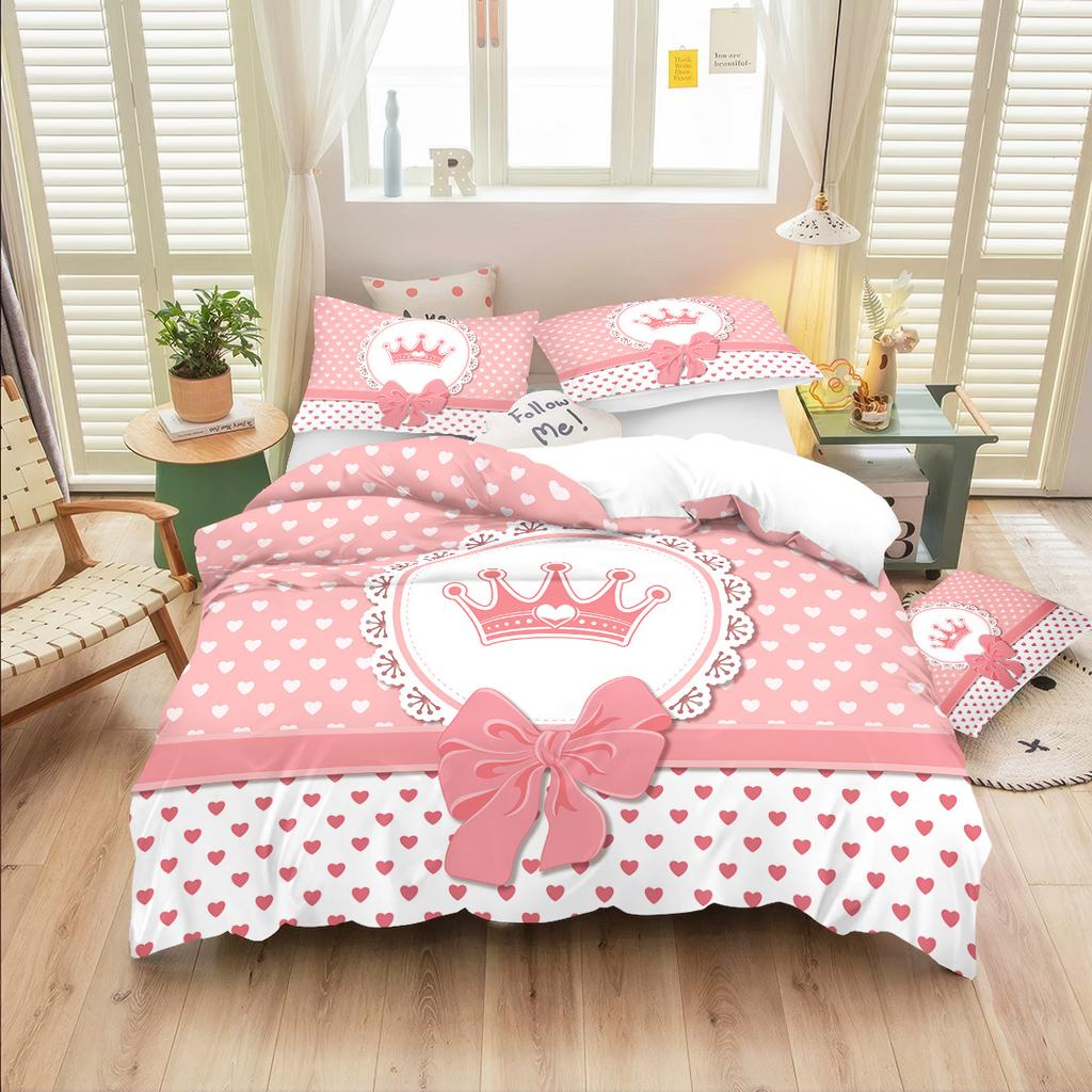 3-teiliges charmantes rosa Schleifenmuster bedrucktes Bettwäscheset, 1*Bettbezug+2*Kissenbezug, für Teenager- und Erwachsenenschlafzimmer, Geburtstagsgeschenk