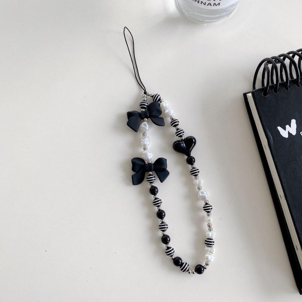 Mobile Phone Chain White Pearl Bow Ins Simple Wind Square Pendant Love Striped Bead Accessories, Mobile Phone Lanyard