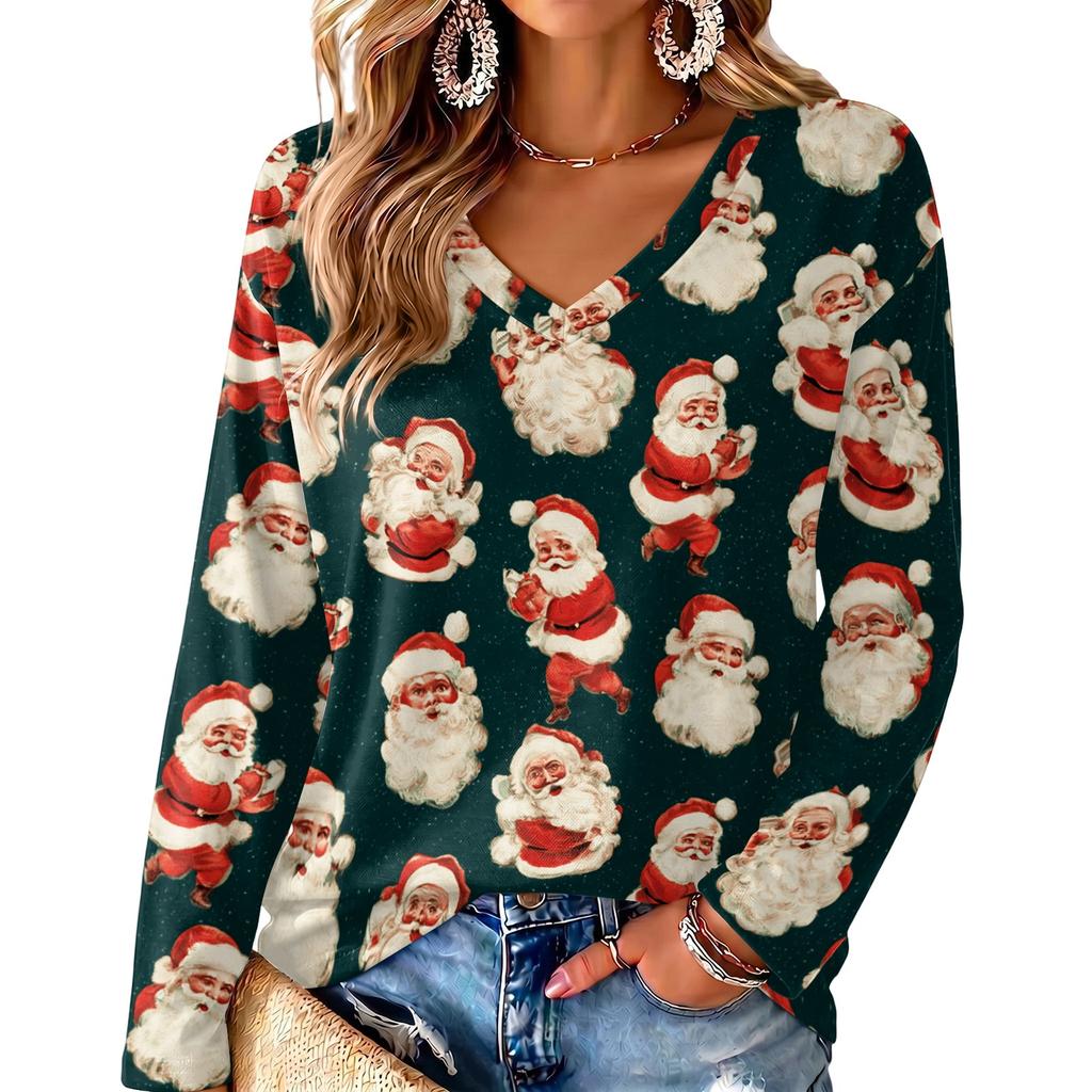 Women's V-Neck Long Sleeve Christmas Print Lightweight Blouse for Spring Summer