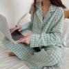 2PCS/Set Women Pajamas Autumn Sweet Cute Wear Pink Plaid Buttons Cardigan Long Sleeve Korean Version Homewear Student Dormitory