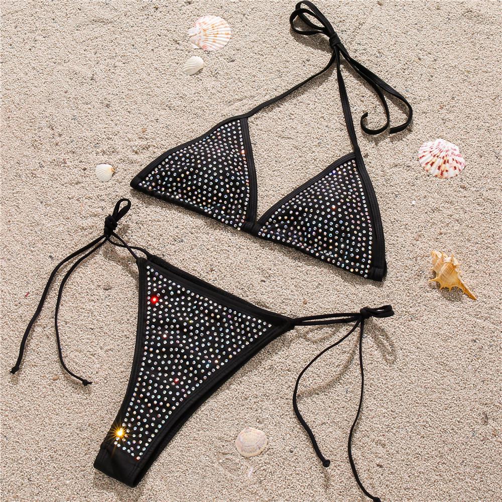 European & American Sexy Rhinestone Bandage Halter Bikini - Solid Color