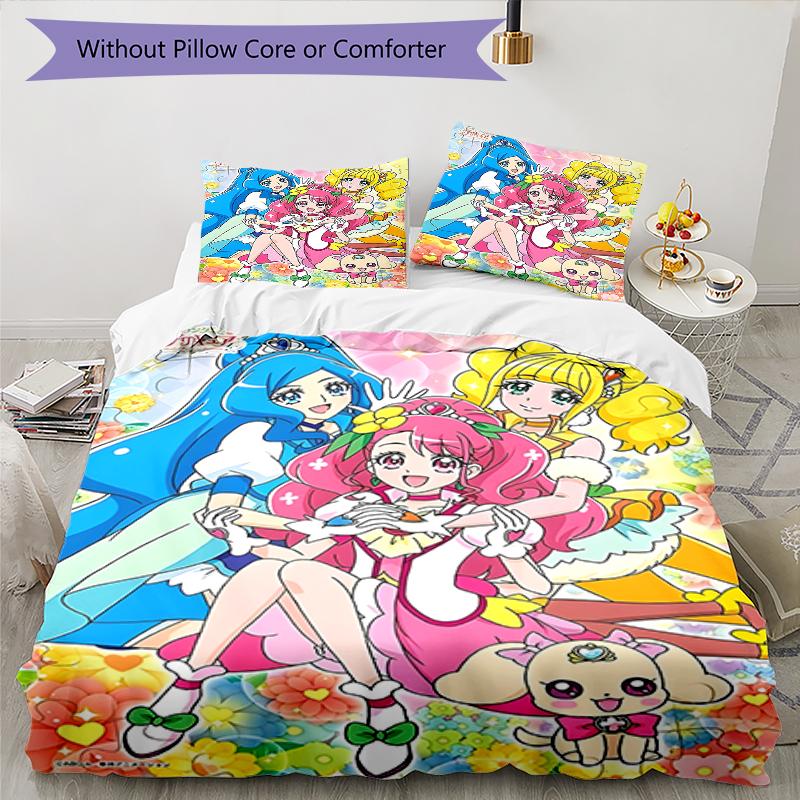 3pcs Pretty Cure2 Design Cover Set - HD Printed Bedding with 1 Cover and 2 Pillowcases - Perfect for Home and Dorm Decor