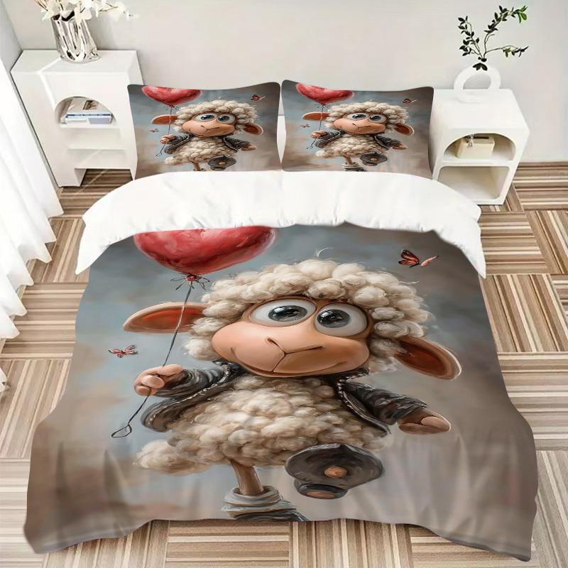3pcs Anime Sheep Heart Balloon Bedding Set - Includes One Quilt Cover and Two Pillowcases (No Core) - Polyester Fabric, Perfect for Bedroom