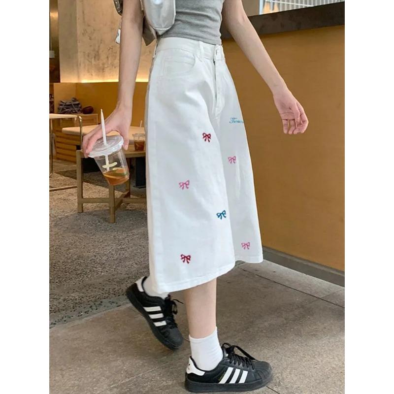 Neue Sommer Cropped Jeans Damen High Waist Vielseitig Locker Gerade Weiter Bein Shorts