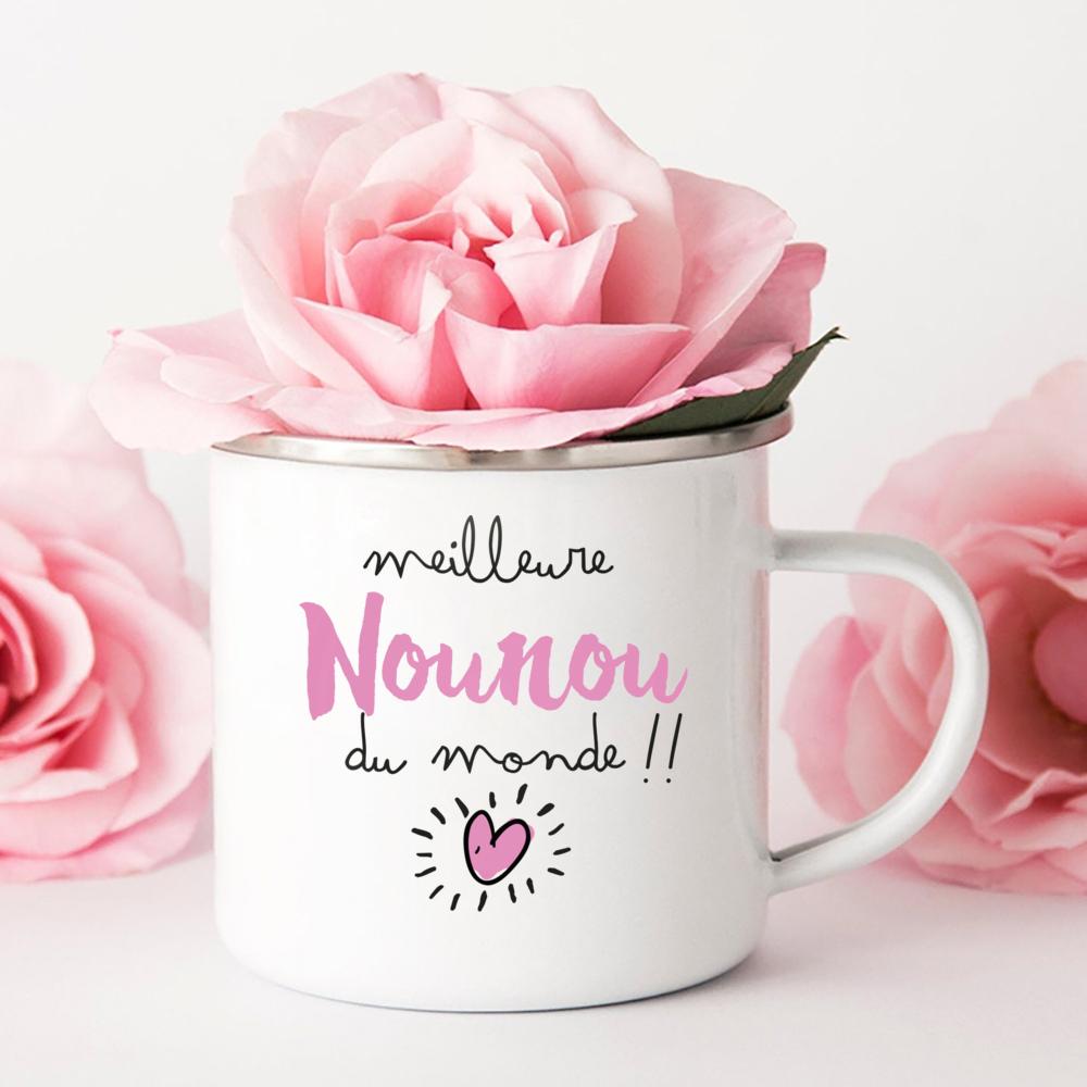 Merci Nounou Printed Mugs Creative Coffee Tea Cups Drink Water Milk Cup Enamel Mug School Home Handle Drinkware Gifts for Nounou