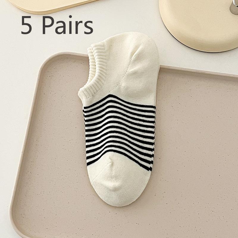 5 Pairs of Women's Spring and Summer Style Pinstripes with Light Mouth Cotton Boat Socks