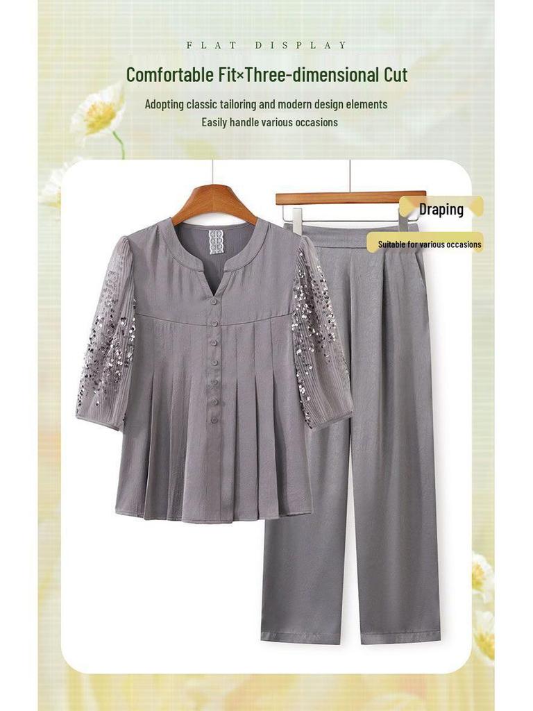 2026 Mom's Summer Mid-Sleeve Chiffon Blouse & Top Two-Piece Set for Middle-Aged and Elderly Women