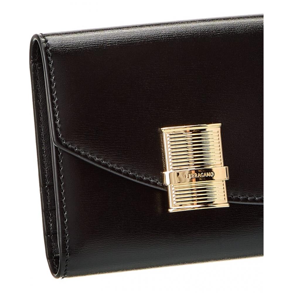 Salvatore Ferragamo Ferragamo Fiamma Leather Compact Wallet Black