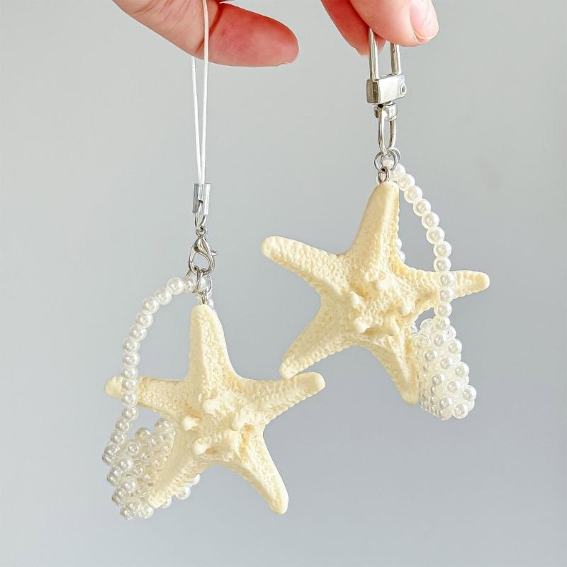 Elegant Starfish Keychain Pearls Accent Portable Purse Accessory
