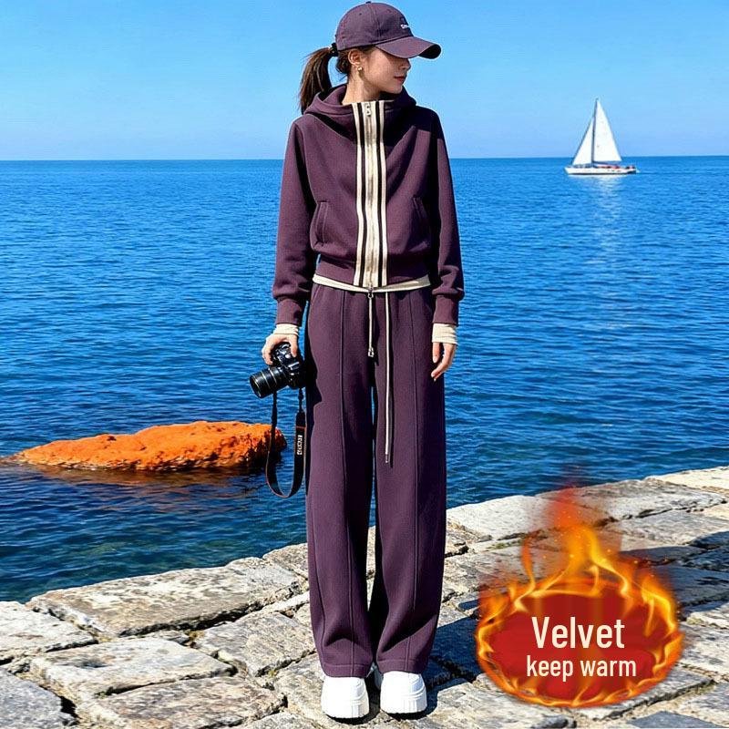 

Women s Winter 2025 Velvet-Enhanced Hooded Sweatshirt & Wide-Leg Pants Set XXL