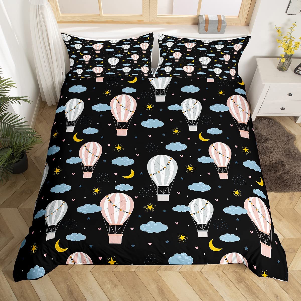 

Hplus Painted Style Balon Soft Duvet Cover - Floating Hot Air Balons featuring Clouds & Mon Print, Available in Twin plus King-Sized Dimensionsd 100*200cm Single
