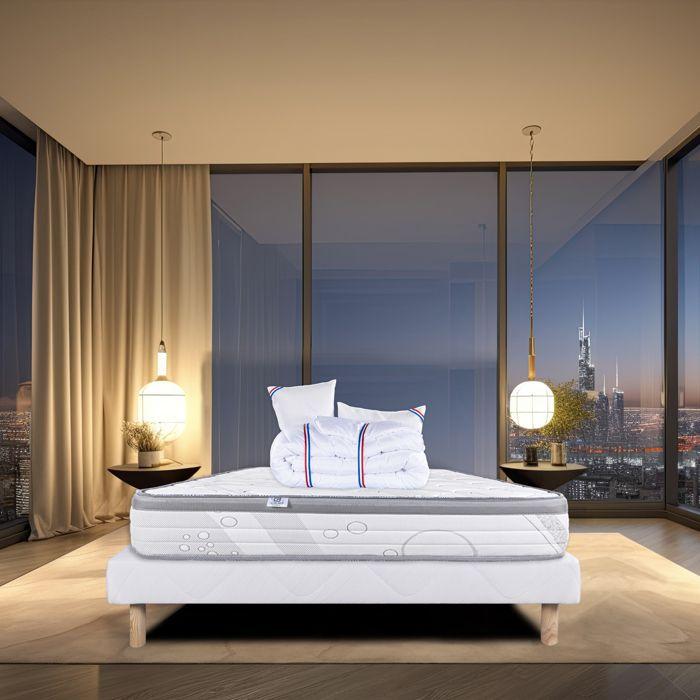 Relaxation Mattress Set, 26 Cm Pocket Springs, Firm Reversible + White Base 13 Cm Thick + 2 Pillows + Duvet