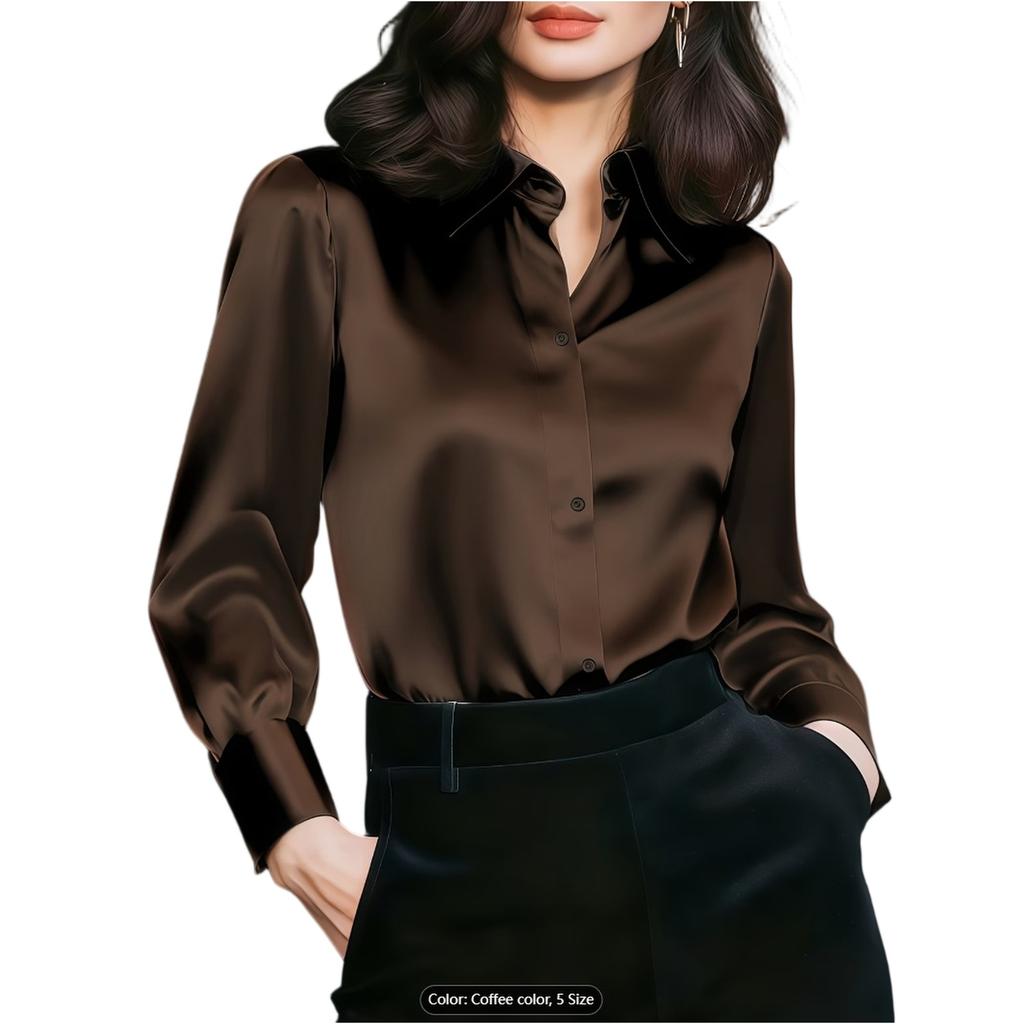 Women Long Sleeve Button Down Shirt Elegant Satin Blouse Classic Collar Loose Fit Office Top for Business Casual Wear