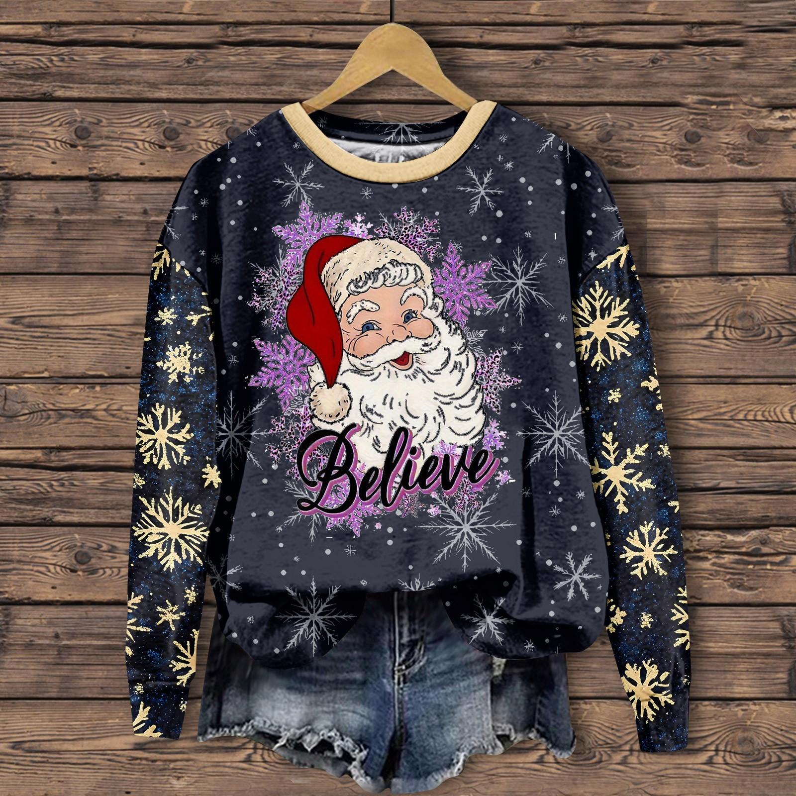 

Женская мода повседневная толстовка с длинным рукавом и принтом Санта-Клауса с круглым вырезом S фиолетовый