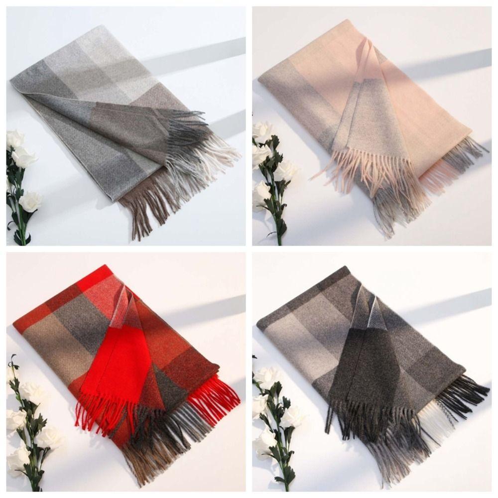 Polyester Knitted Wool Scarf Soft Long Neckscarf with Tassel Soft Classic Plaid Scarf  Women