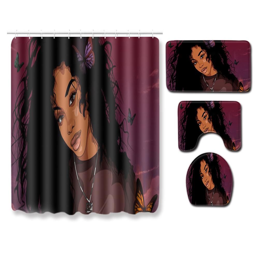 Creative Shower Curtain Floor Mat Combination Four-Piece Set Bathroom Toilet Carpet Shower Room Mat Foot Mat