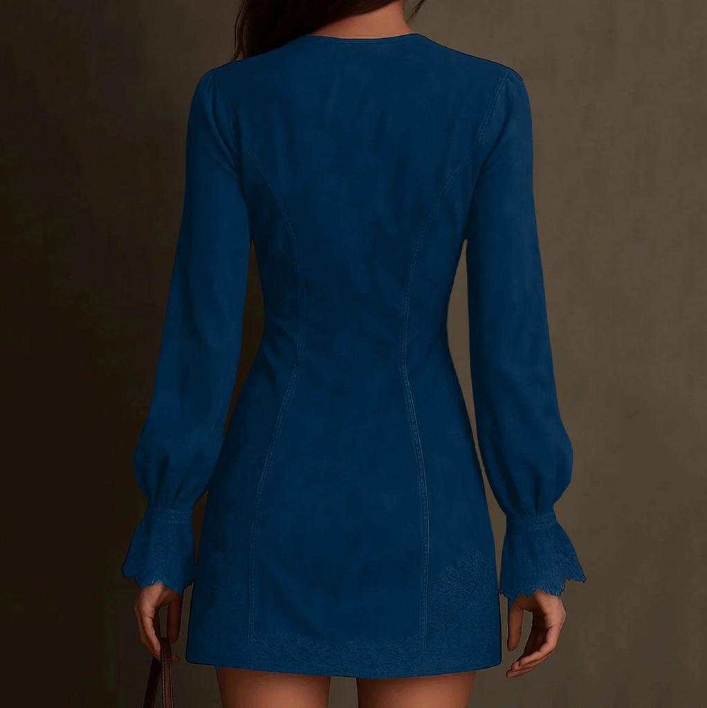 Damen Wildleder Kleid V-Ausschnitt Reißverschluss Spitze Langarm Farbe Vintage Kleid