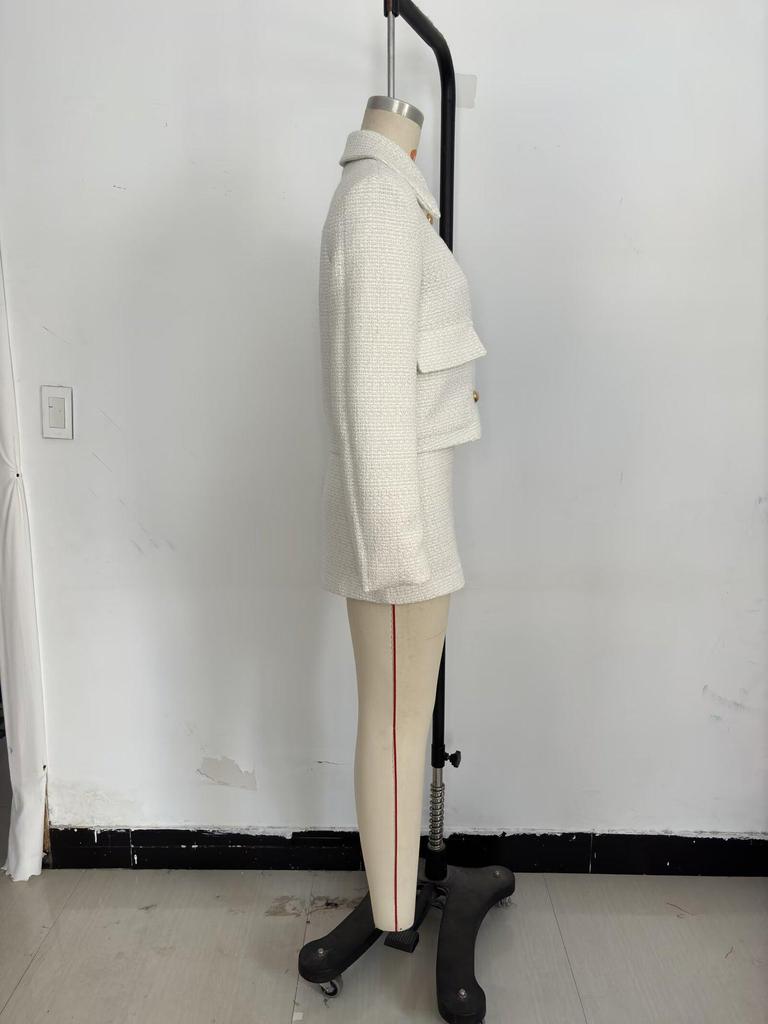 2024 Autumn Women’s European & American Style Textured Coat & A-Line Skirt Set with Turn-Down Collar and Long Sleeves