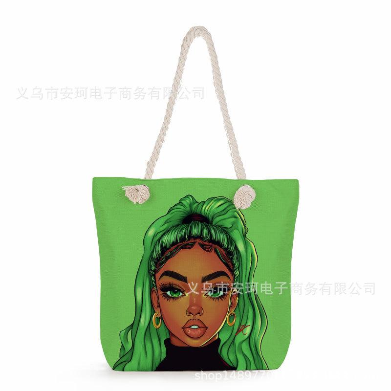 Multifunctional Fairy Tale Style Printed Thick Rope Shoulder Beach Bag Casual Large Capacity Handbag 0106 CLE