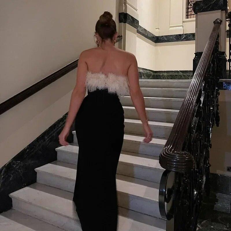 Vintage Feather Sexy Party Dress Women Slash Neck Elegant Long Dress Office Lady High Waist Split Slit Evening Dresses 30316