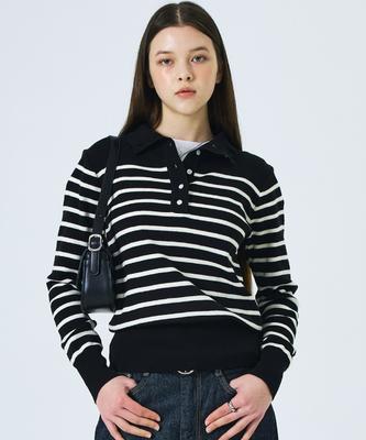 Damiswi Striped High-Neck Open Collar Knit_Black