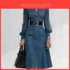 Womens Summer Long Sleeve Vneck Jeans Dress With Waist Cinch For Casual And Office Wear