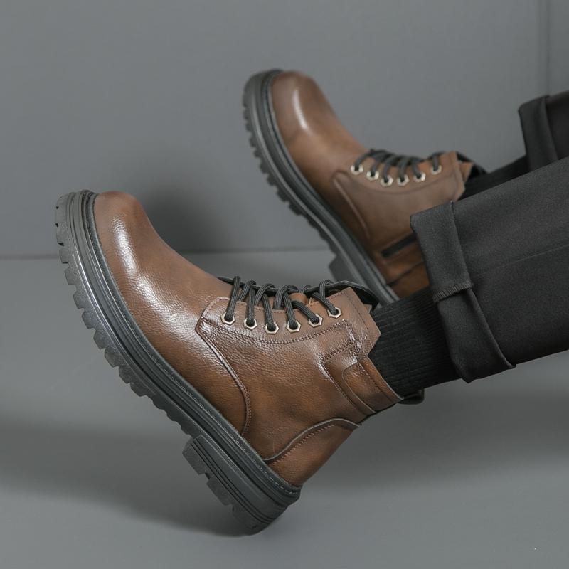 FashionBrand Leather Fashion Motorcycle Boots Men Lace-Up Male Ankle Boots Men's Casual High Top Shoes New All-match Men Walking Shoes