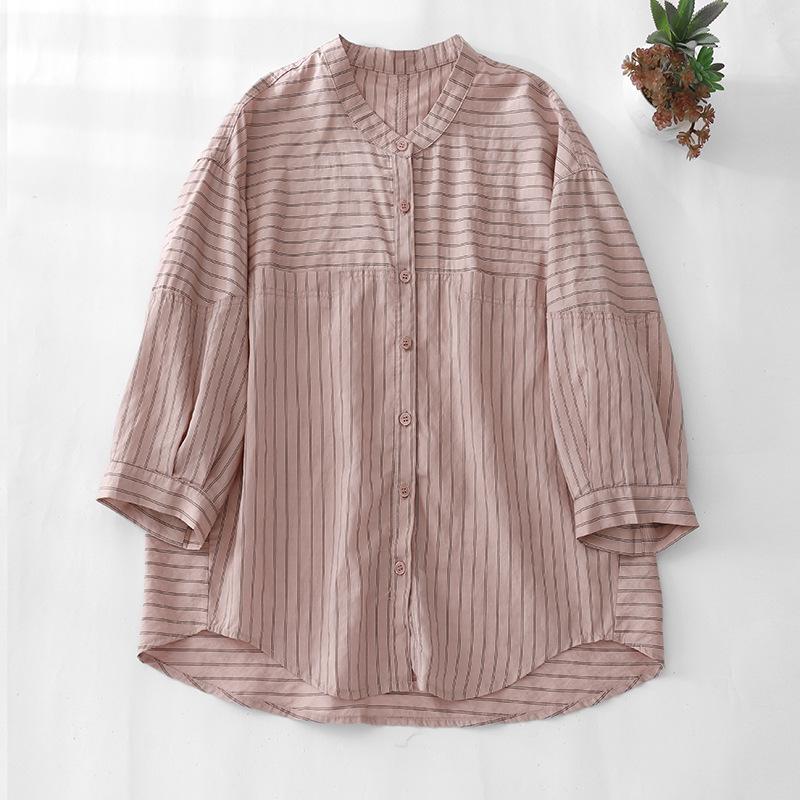 

Полосатая рубашка с круглым вырезом, повседневная, универсальная, свободная, утягивающая, летняя рубашка, кардиган для женщин XL розовый