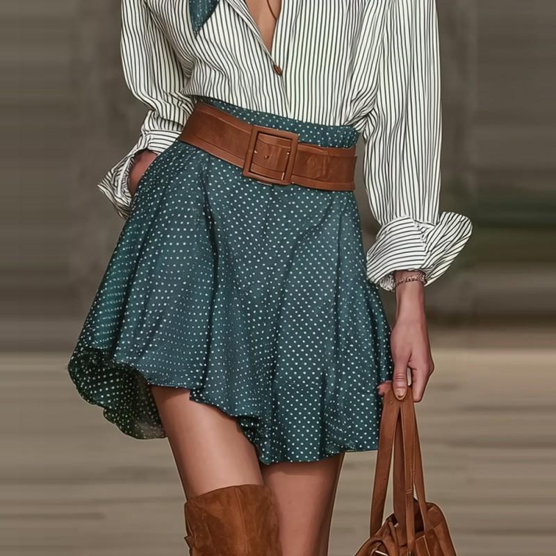 Color-matching Literary Retro Shirt With Streamers Decoration Women's Wear Temperament Commuting Skirt