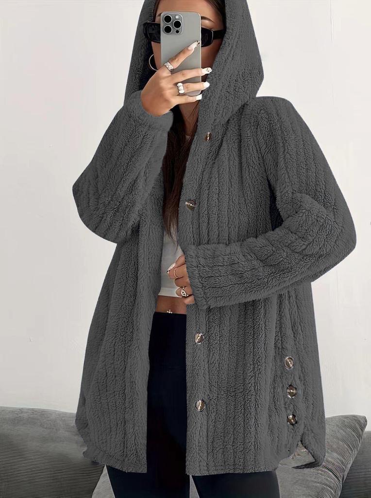Cappotto di Peluche Morbido da Donna Autunno/Inverno 2025 Europa, Colore Unito, Manica Lunga, con Cappuccio, Vestibilità Larga