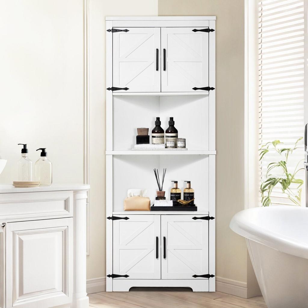 68" Corner Storage Cabinet with 4 Wooden Doors & Adjustable Shelves White