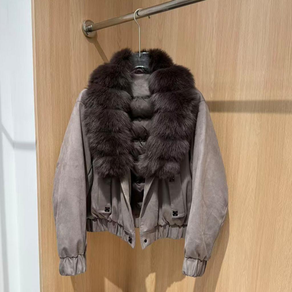European Autumn and Winter New Suede Fox Big Fur Collar Short Down Jacket Women's Loose and Thin Warm Jacket