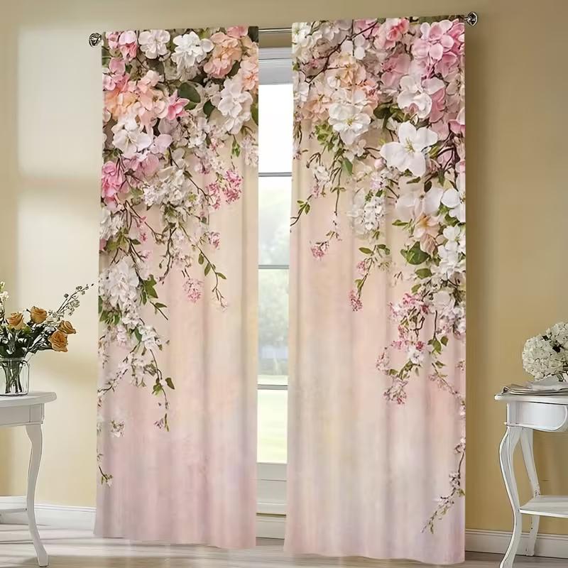 2Pcs Pink flower wall Print Curtains,suitable for Bedroom,living Room,home Decor,living Room Curtains Set Window Curtain