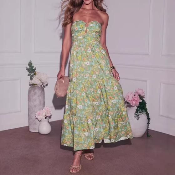 2026 French Floral Strapless High Waist Maxi Dress for Women Small