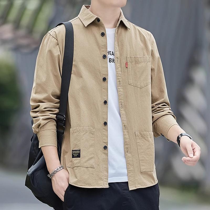 Men's Spring Autumn Long Sve Work irt Wear Resistant Large Size Simple American Sle Loose Fit Youth Faion Pure Color