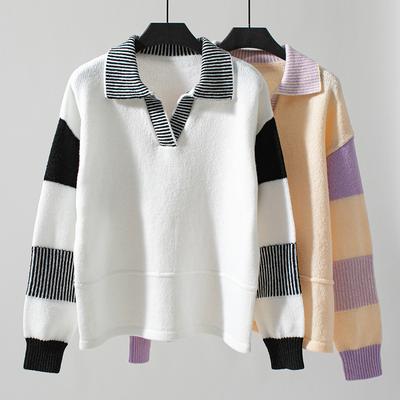 Damen Herbst/Winter Lässiger Lockerer Rollkragenpullover mit Gestreiftem Colorblock-Strickpullover